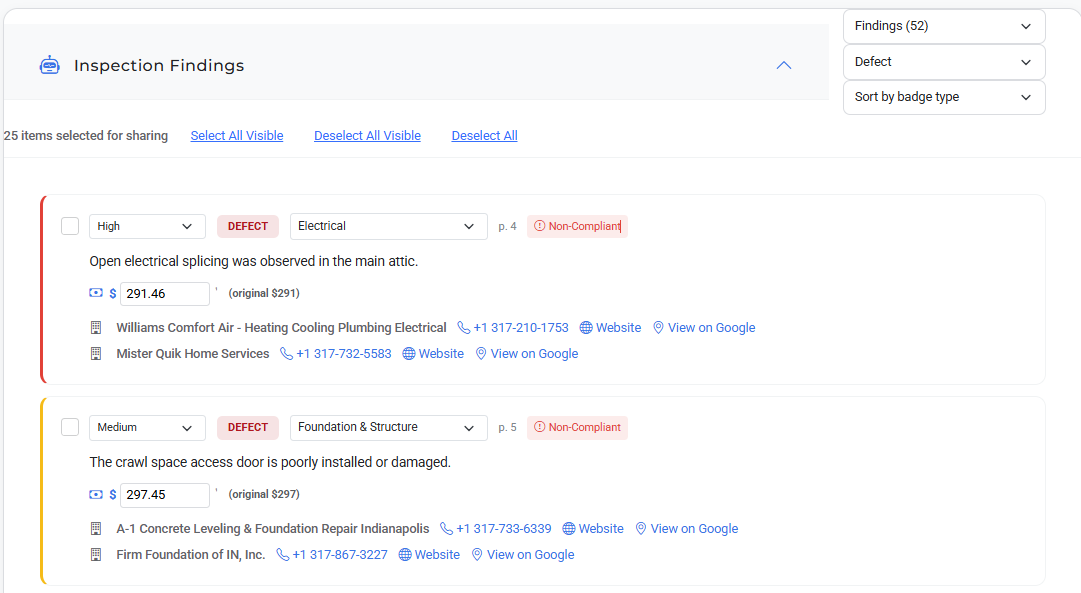 Redacted PropWise findings showing severity, cost context, and vendor options