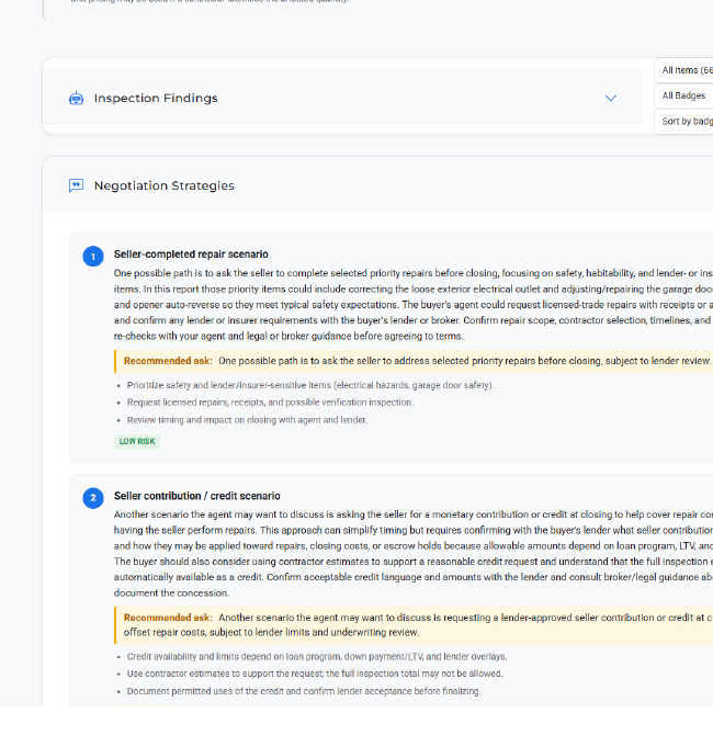 Redacted PropWise negotiation strategies generated from a real inspection report