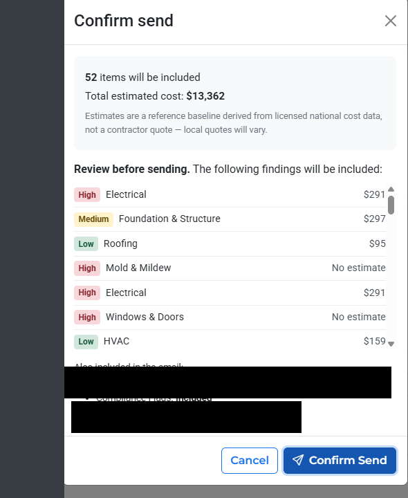 Redacted PropWise sharing interface showing agent-selected findings