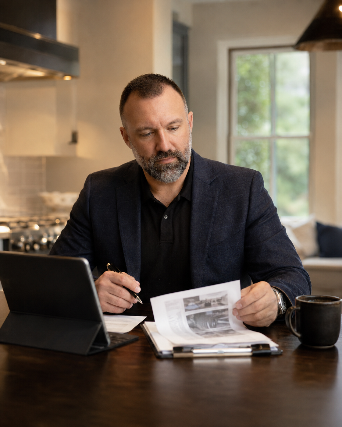 PropWise founder reviewing inspection-related documents at a table